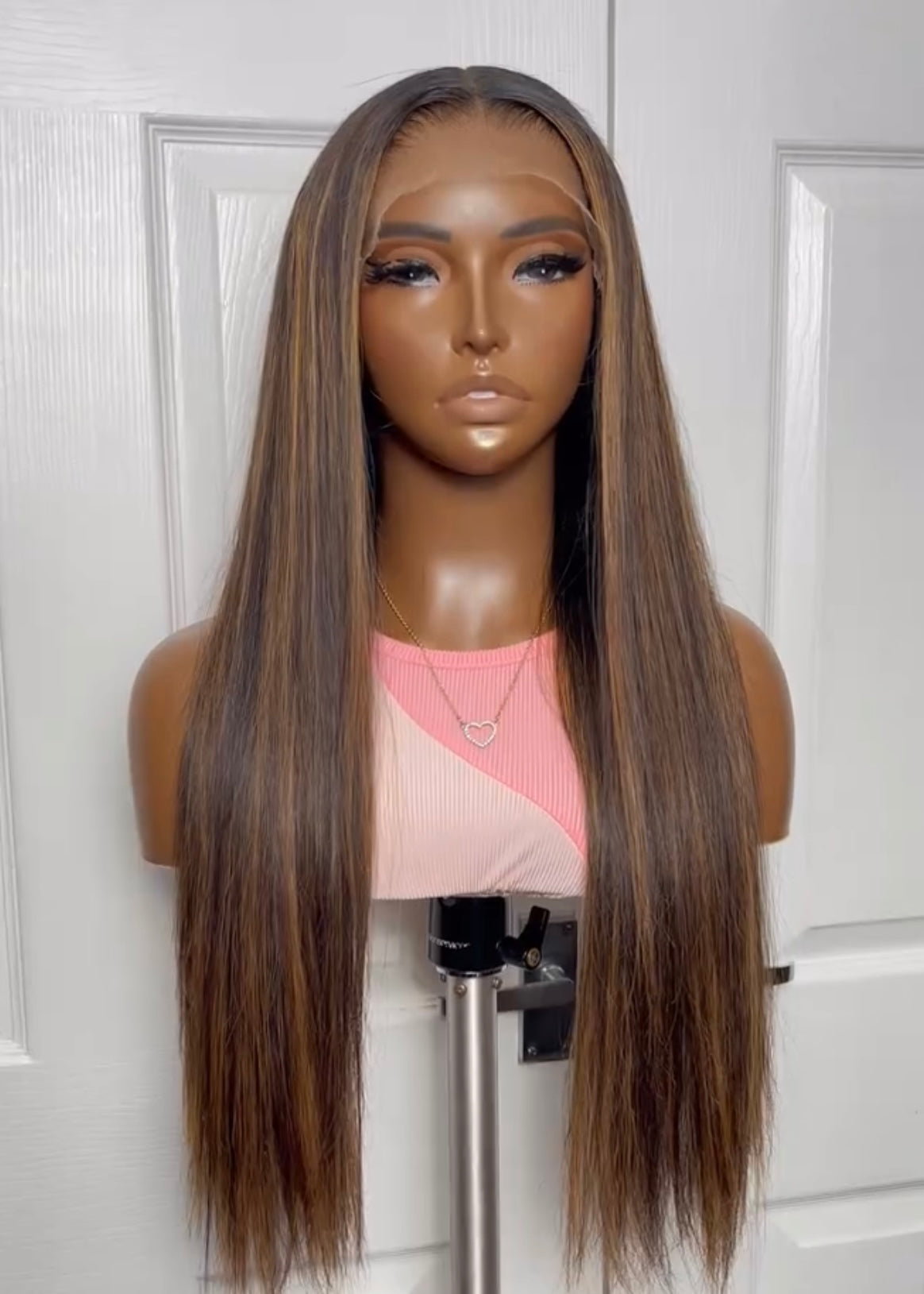 Brown with Blonde Highlights Bone Straight 5x5 HD Frontal Closure Wig