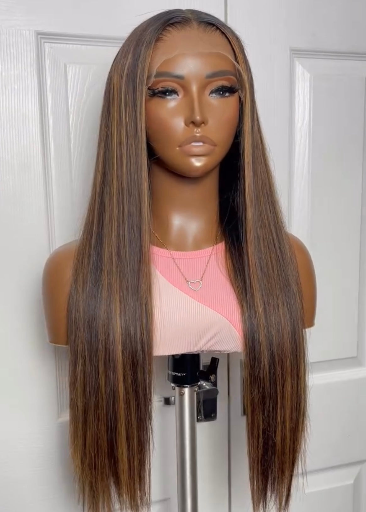 Brown with Blonde Highlights Bone Straight 5x5 HD Frontal Closure Wig