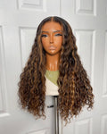 Brown with Blonde Highlights, Water Wave 13x4 HD Frontal Closure Wig