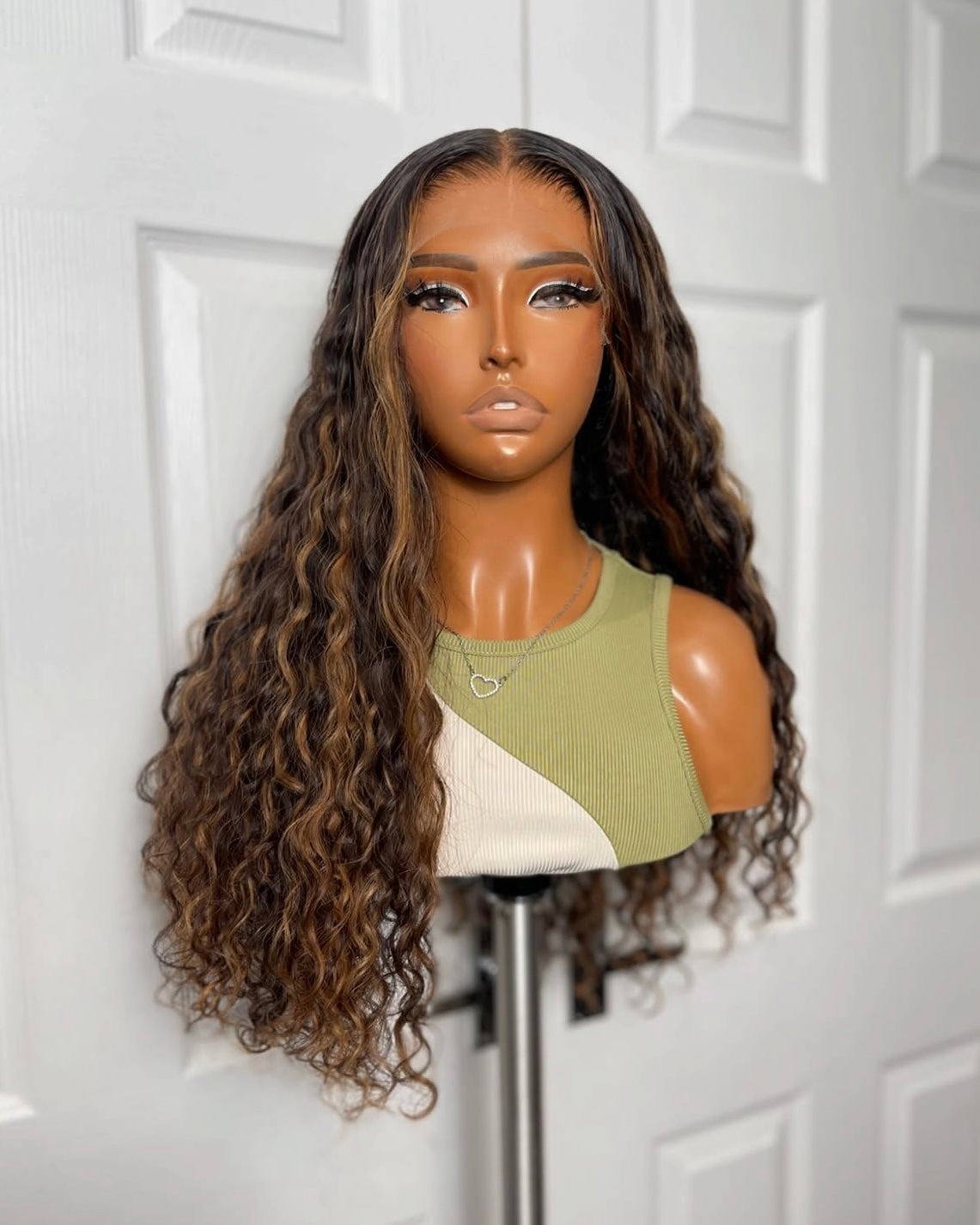 Brown with Blonde Highlights, Water Wave 13x4 HD Frontal Closure Wig