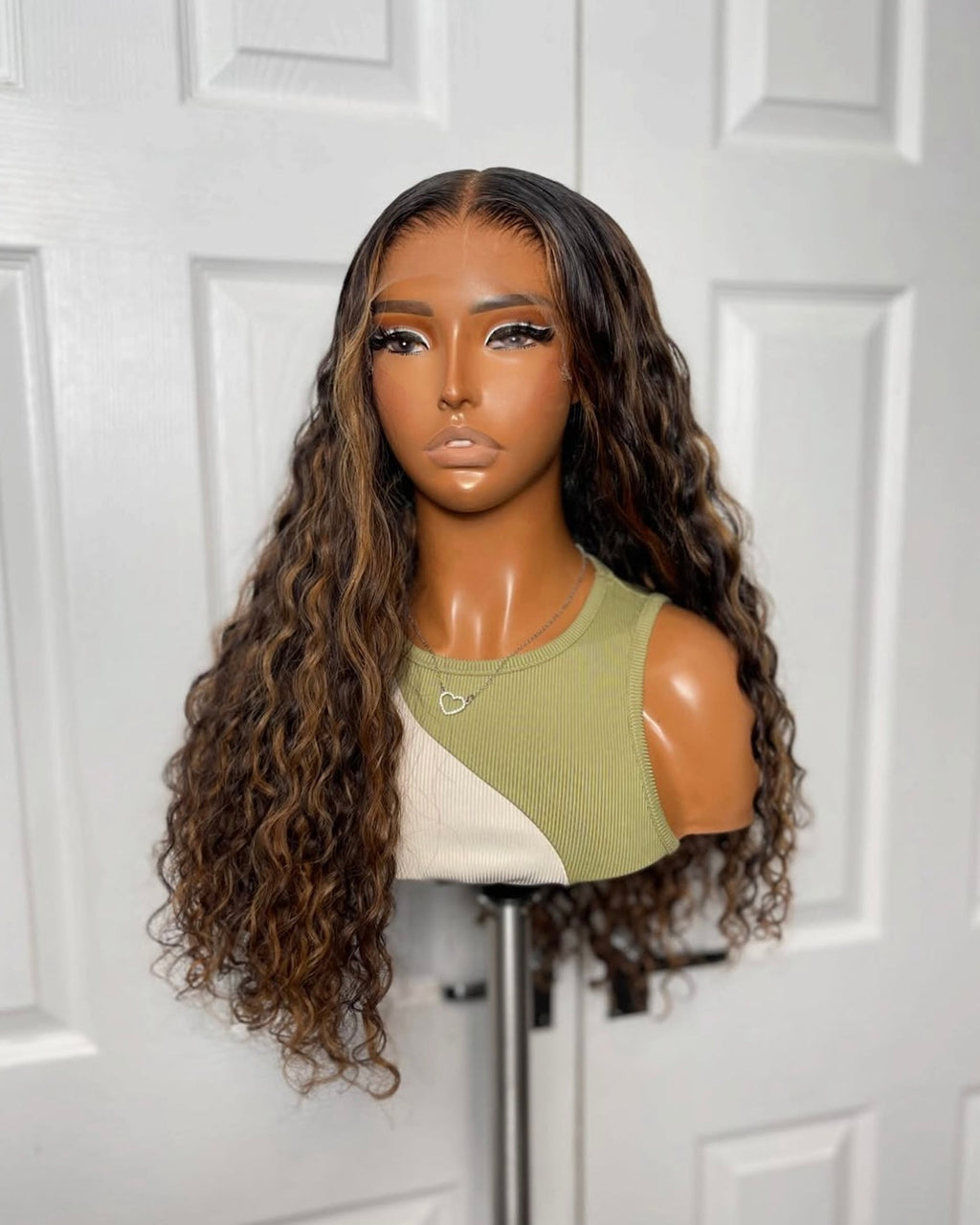 Brown with Blonde Highlights, Water Wave 13x4 HD Frontal Closure Wig